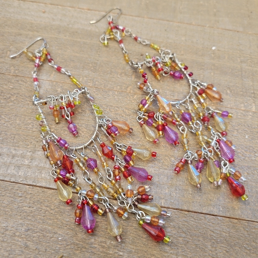 Exquisite Chandelier Hangar Earrings • Colorful Beads on Silvertone